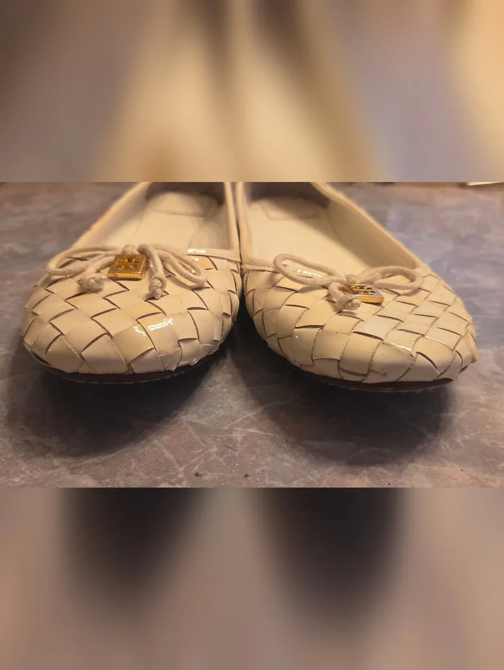 Tory Burch White Woven Patent Ballet Flats